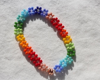 Intricate, Rainbow Daisy Bracelet/Necklace, Connected Daisy Bracelet, Colorful Seed Bead Bracelet, Custom Jewelry, Magnetic, Rainbow Pride