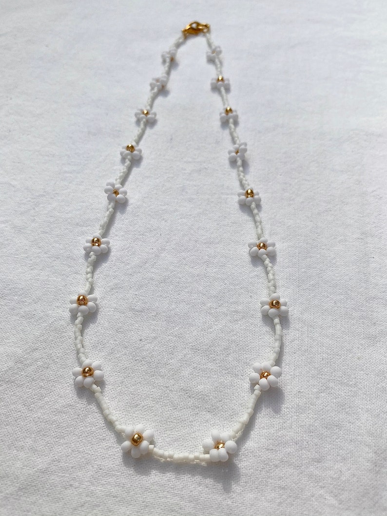 Delicate Necklace, Cream and Gold Beaded Daisy, Daisy Chain Choker, Custom Jewelry, Layering Necklace, Trendy Summer Jewelry, Great Gift image 2