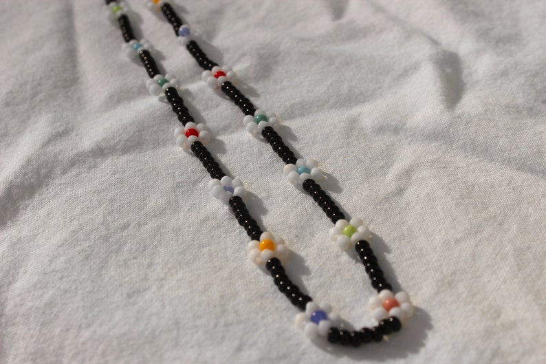 Black/White Rainbow Daisy Necklace, Rainbow Daisy Choker, Colorful, Mixed Colors, Seed Bead Necklace, Custom, Glow-in-the-Dark image 4