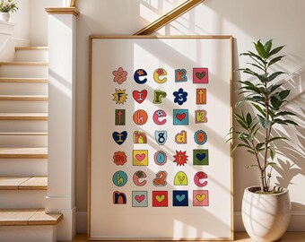 May include: A colourful poster featuring the words "Seek First The Good" in a retro typeface. The letters are surrounded by various shapes and designs, including hearts, stars and flowers.