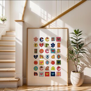 May include: A colourful alphabet print with each letter surrounded by a different design, including hearts, stars, flowers, and geometric shapes. The letters are in a variety of colours, including red, blue, green, yellow, and orange.