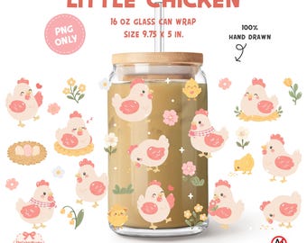 Etichetta PNG per lattina di vetro con pulcino, etichetta Libbey con simpatico pulcino da fattoria, design Kawaii con gallina in tazza, etichetta per lattina di vetro da 16 oz in stile rustico