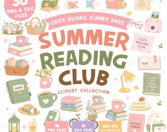 Pacchetto di clipart per il club di lettura estivo, immagini PNG e SVG per amanti dei libri, clipart di simpatici animali che leggono, grafica pastello per la biblioteca.