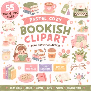 May include: A digital collection of pastel-colored illustrations featuring books, coffee cups, a typewriter, a cat, a reading person, plants, and flowers. The text reads 55 PNG & SVG FILES, PASTEL COZY BOOKISH CLIPART, BOOK LOVER COLLECTION, 300 DPI HIGH RESOLUTION.