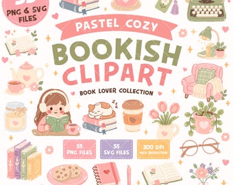 Pacchetto di clipart a tema libri, immagini PNG e SVG per una lettura accogliente, clipart per amanti dei libri, elementi di diario floreali e caffè in stile kawaii.