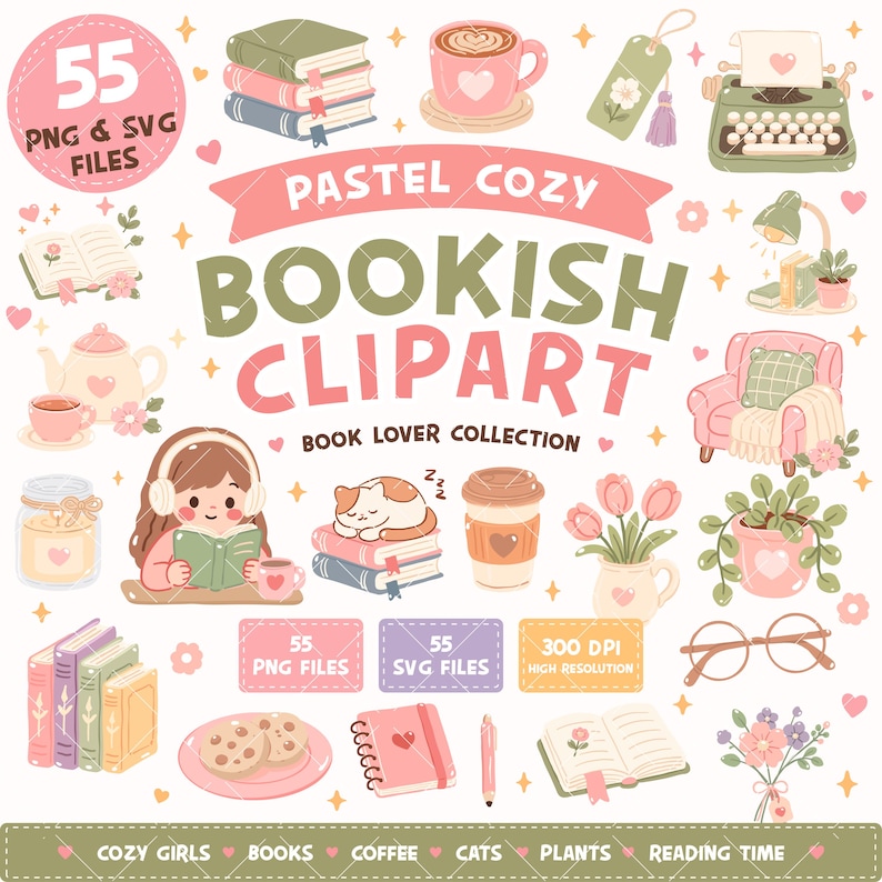 May include: A digital collection of pastel-colored illustrations featuring books, coffee cups, a typewriter, a cat, a reading person, plants, and flowers. The text reads 55 PNG & SVG FILES, PASTEL COZY BOOKISH CLIPART, BOOK LOVER COLLECTION, 300 DPI HIGH RESOLUTION.