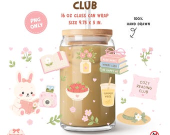 Adesivo per lattina in vetro "Summer Reading Club" PNG, adesivo per tazza "Bookish Libbey", adesivo per tazza da 16 oz "Cozy Reading", design floreale pastello per tazza