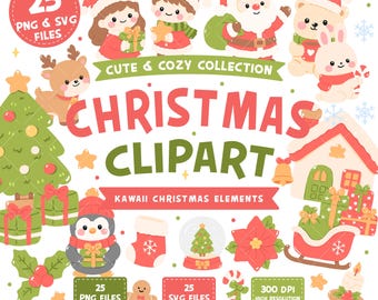Pacchetto di clipart natalizie PNG SVG, simpatici elementi natalizi Kawaii, Babbo Natale, orso, coniglietto, renna, clipart per le vacanze, uso commerciale