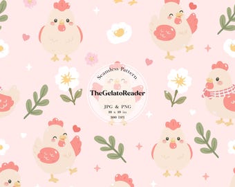 Motivo senza cuciture con pulcini carini, carta digitale con animali da fattoria, stampa floreale con galline dai colori pastello, tessuto per cameretta, sfondo per baby shower