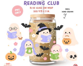 Adesivo per lattina di vetro Ghost Reading Club PNG, adesivo Libbey per amanti dei libri a tema fantasmi, adesivo spettrale per tazza da 16 oz per Halloween, sublimazione PNG