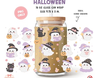 Adesivo PNG con fantasma spettrale per lattina di vetro di Halloween, adesivo per tazza Libbey da 16 oz, sublimazione con strega fantasma, design carino per bicchiere di Halloween