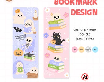Set di segnalibri divertenti per Halloween, segnalibro stampabile con fantasmi carini, segnalibro spettrale Kawaii per la lettura, regalo per amanti dei libri PDF PNG