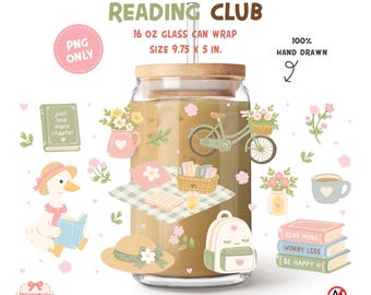 Etichetta PNG per lattina di vetro del club di lettura estivo, etichetta per tazza Libbey a tema libri, etichetta per tazza da picnic a tema lettura, design floreale pastello per bicchiere da 16 oz