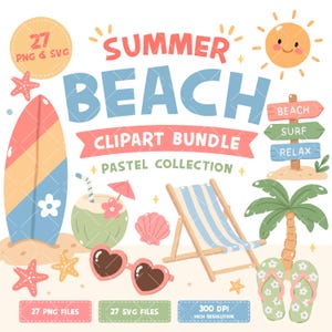 Cute Summer Beach Clipart Set, Kawaii Beach PNG Bundle, Pastel Vacation Clipart, Tropical Summer SVG, Planner Stickers, Commercial Use