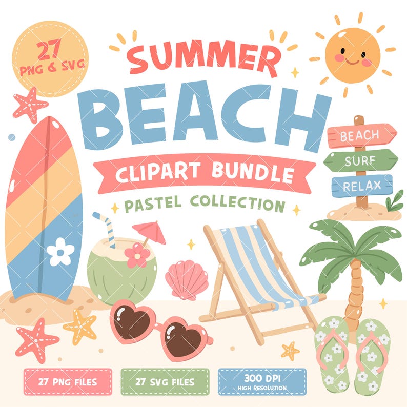 Cute Summer Beach Clipart Set, Kawaii Beach PNG Bundle, Pastel Vacation ...