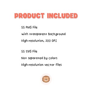 May include: A digital product listing featuring the text PRODUCT INCLUDED in orange. It lists 55 PNG files with transparent backgrounds at 300 DPI, and 55 SVG high-resolution vector files that are not separated by colors, with a small lion icon.