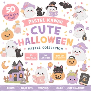 Cute Halloween Clipart Bundle, Pastel Kawaii Ghost PNG, Witch Cat Pumpkin Bookish Clipart, Spooky Cute SVG Files, Halloween Digital Download