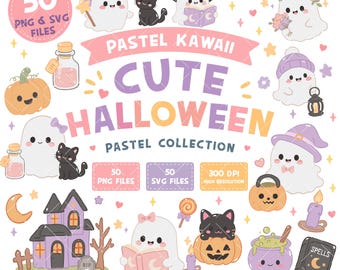 Pacchetto di clipart di Halloween carine, fantasmi kawaii pastello PNG, strega gatto zucca clipart libri, file SVG spettrali carini, download digitale di Halloween