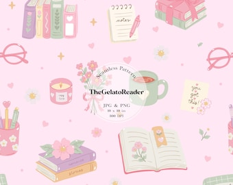 Motivo senza cuciture stile bookish girly, carta digitale accogliente per la lettura, motivo libri e caffè pastello, sfondo per diario e scrapbooking