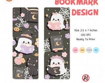 Set di segnalibri spettrali per la biblioteca, segnalibro con fantasmini carini da stampare, segnalibro per la lettura di Halloween, download digitale per amanti dei libri