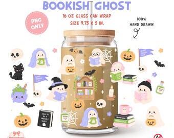Adesivo per lattina di vetro a tema Halloween con fantasma a tema libri PNG, adesivo per tazza Libbey da 16 oz con fantasma carino, design spettrale per la lettura su vetro, sublimazione autunnale