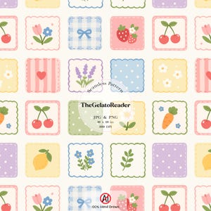 Könnte beinhalten: Ein nahtloses Muster mit einem Raster aus quadratischen Feldern mit gewelltem Rand auf cremefarbenem Hintergrund. Jedes Feld zeigt Illustrationen von Erdbeeren, Kirschen, Tulpen, Zitronen, Karotten, Lavendel, Herzen, Schleifen und Punkten.