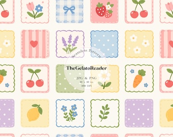 Motivo patchwork senza cuciture dai colori pastello, quadrati floreali con frutta in stile cottagecore, carta digitale vintage effetto tessuto, sfondo per cameretta