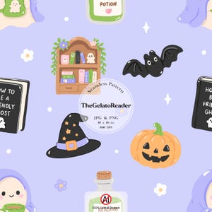 Könnte beinhalten: Ein nahtloses Muster auf hellviolettem Hintergrund mit Illustrationen eines braunen Bücherregals, einer schwarzen Fledermaus, eines schwarzen Hexenhuts mit Sternen, eines orangefarbenen Kürbisses, Zaubertrankflaschen und Büchern mit dem Titel How to be a friendly ghost.