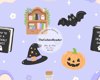 Simpatico motivo senza soluzione di continuità a tema libri per Halloween, carta digitale con fantasmi che leggono, motivo pastello con streghe e biblioteca, sfondo spettrale per amanti dei libri