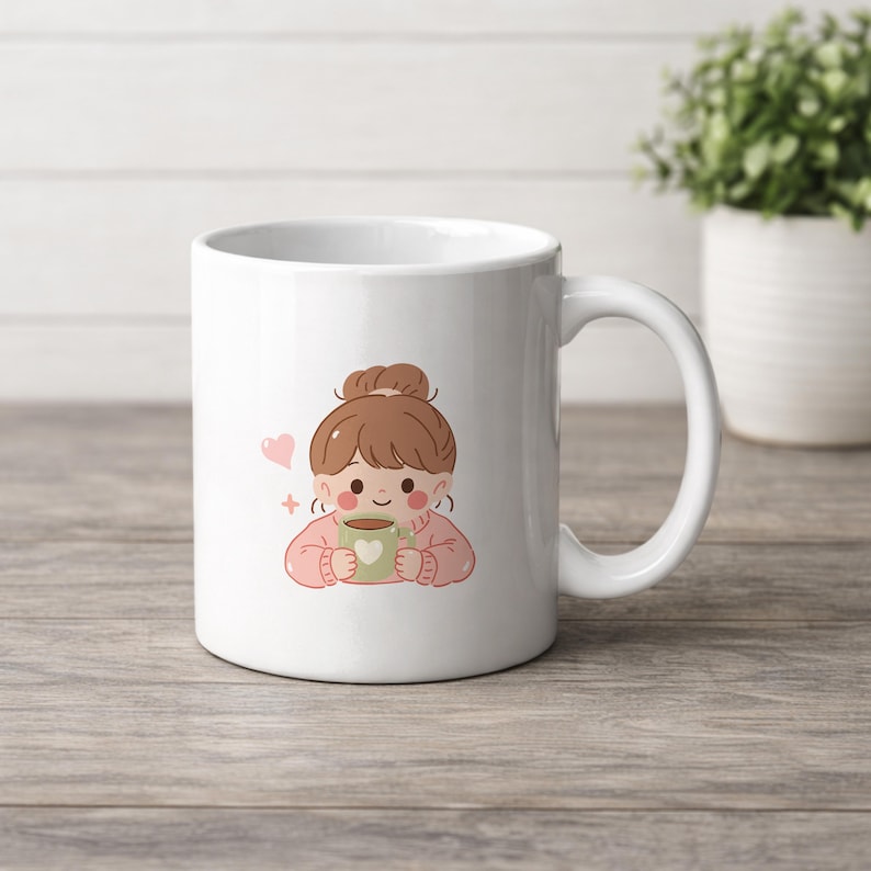 May include: A white ceramic mug featuring a cartoon illustration of a person with brown hair in a bun, wearing a pink sweater, holding a small green mug with a heart design. A small pink heart and a four-pointed star icon are next to the person.