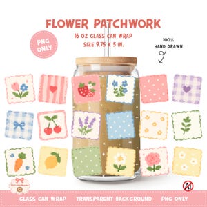 Könnte beinhalten: Ein 16 oz Glas-Wrap mit einem Pixel-Art-Blumen-Patchwork-Design, das Quadrate mit Erdbeeren, Kirschen, Zitronen, Karotten, Blumen, Herzen, Schleifen und Vichy-Mustern zeigt. Text: FLOWER PATCHWORK, 16 OZ GLASS CAN WRAP, SIZE 9.75 X 5 IN., 100% HAND DRAWN, PNG ONLY, GLASS CAN WRAP, TRANSPARENT BACKGROUND, PNG ONLY.
