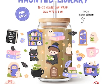 Adesivo per lattina di vetro a tema biblioteca infestata PNG, adesivo per lattina a tema Halloween a tema libri, adesivo per tazza da 16 oz a forma di fantasma lettore, adesivo per sublimazione a tema strega PNG
