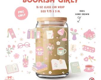 Etichetta per lattina in vetro Bookish Girly PNG, etichetta Coquette Reader Libbey, design per tazza Pink Book Lover, etichetta per lattina in vetro da 16 Oz