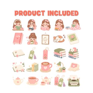 May include: A collection of digital stickers featuring illustrations of people reading books, stacks of books, coffee cups, teapots, a sleeping cat, bookmarks, and a typewriter. The text "PRODUCT INCLUDED" appears at the top in orange letters.