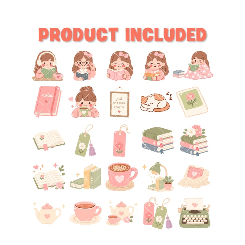 May include: A collection of digital stickers featuring illustrations of people reading books, stacks of books, coffee cups, teapots, a sleeping cat, bookmarks, and a typewriter. The text "PRODUCT INCLUDED" appears at the top in orange letters.