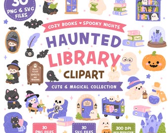Pacchetto di clipart a tema biblioteca infestata, fantasmi carini in formato PNG e SVG, clipart spettrali a tema libri, grafica per la biblioteca di Halloween, clipart kawaii