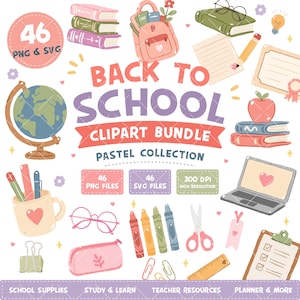 Cute Back To School Clipart Set, Kawaii School Supplies PNG,Pastel Teacher Clipart Bundle, School Planner Stickers, SVG Files,Commercial Use