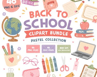 Set di clipart carine per il ritorno a scuola, materiale scolastico kawaii PNG, pacchetto di clipart per insegnanti in stile pastello, adesivi per agenda scolastica, file SVG, uso commerciale