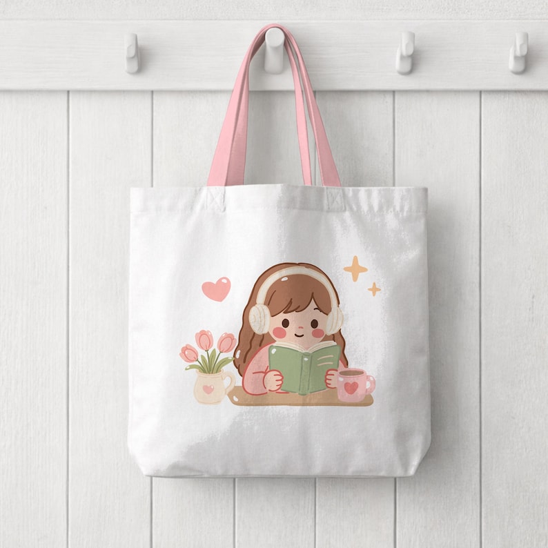 May include: A white tote bag with pink handles featuring a graphic illustration of a person with brown hair wearing white headphones, reading a green book, accompanied by a small vase of pink tulips, a pink mug, a pink heart, and two yellow stars.