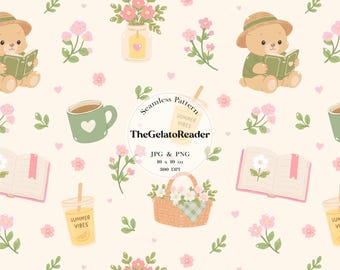 Motivo senza soluzione di continuità per il club di lettura estivo PNG, carta digitale a tema libri, grazioso motivo floreale, carta per scrapbooking pastello, disegno ripetuto