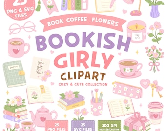 Pacchetto di clipart per ragazze appassionate di libri, PNG per una lettura accogliente, clipart di libri, caffè e fiori carini, PNG per agenda e diario, pacchetto SVG kawaii