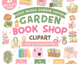 Pacchetto di clipart per libreria in giardino, libreria accogliente PNG SVG, clipart per amanti dei libri, giardino del caffè, grafica pastello carina