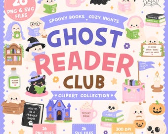 Pacchetto di clipart del Ghost Reader Club, simpatici fantasmi di Halloween in formato PNG e SVG, clipart spettrali per amanti dei libri, grafica kawaii per la lettura.