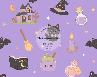 Motivo senza soluzione di continuità con strega carina per Halloween, carta digitale magica con gatto nero kawaii, motivo spettrale pastello PNG