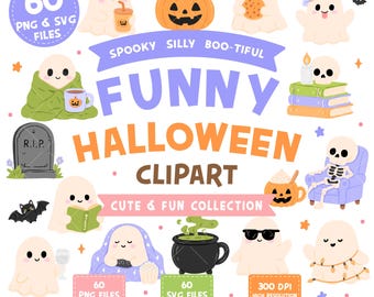 Divertente pacchetto di clipart di Halloween, fantasmino carino PNG SVG, clipart di Halloween spettrale kawaii, grafica di zucca e gatto nero