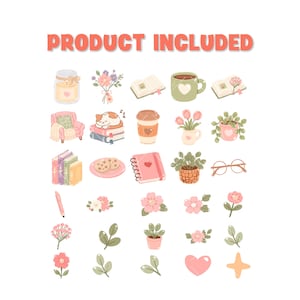 May include: A collection of digital stickers featuring the text PRODUCT INCLUDED. The set includes illustrations of a candle, flowers, books, a mug, a cat, a coffee cup, a chair, cookies, a notebook, plants, glasses, a pen, hearts, and stars.
