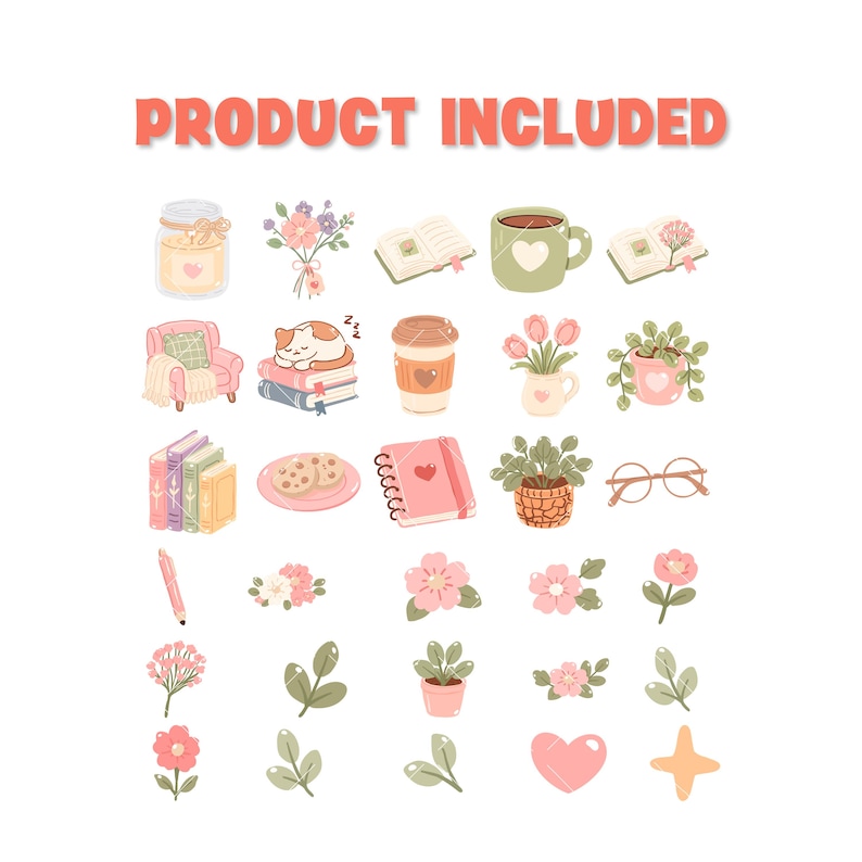 May include: A collection of digital stickers featuring the text PRODUCT INCLUDED. The set includes illustrations of a candle, flowers, books, a mug, a cat, a coffee cup, a chair, cookies, a notebook, plants, glasses, a pen, hearts, and stars.