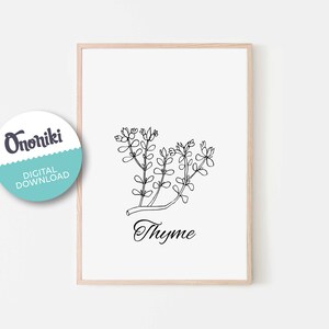 Thyme, flower, floral, herbs, kitchen art, plant, linear art, linear herbs, Essential Oil, wall art, gift, rustic, digital download