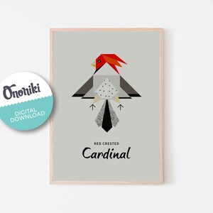 Nursery wall Art, playroom decor, bird, red crested cardinal, Animal Prints, printable, Digital Download, Origami, kids bedroom decor