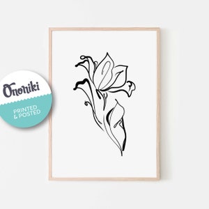 Handmade Lily Tulip Line Art Flower, Botanical, wall art, gift, Ink, PRINT AND POSTED